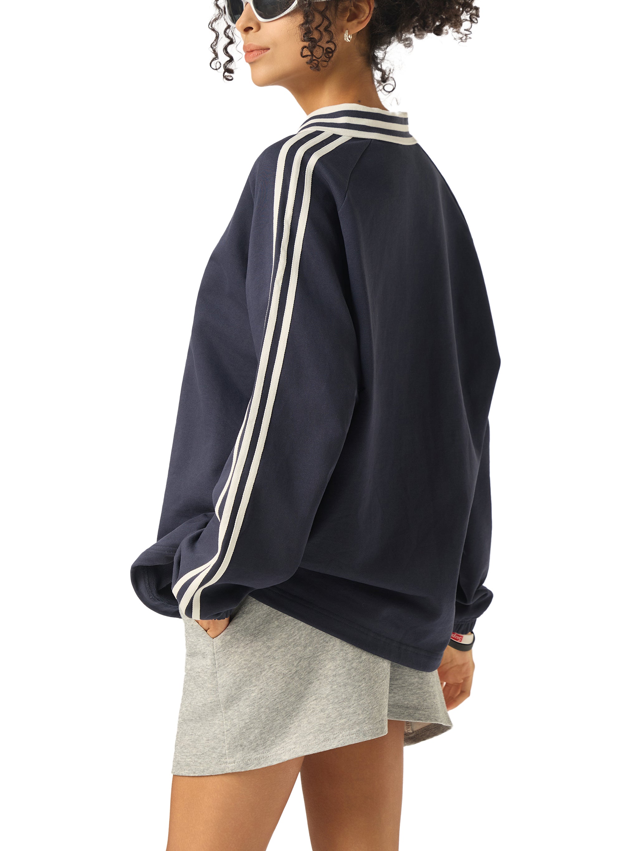 tiah contrast striped lapel collar sweatshirt